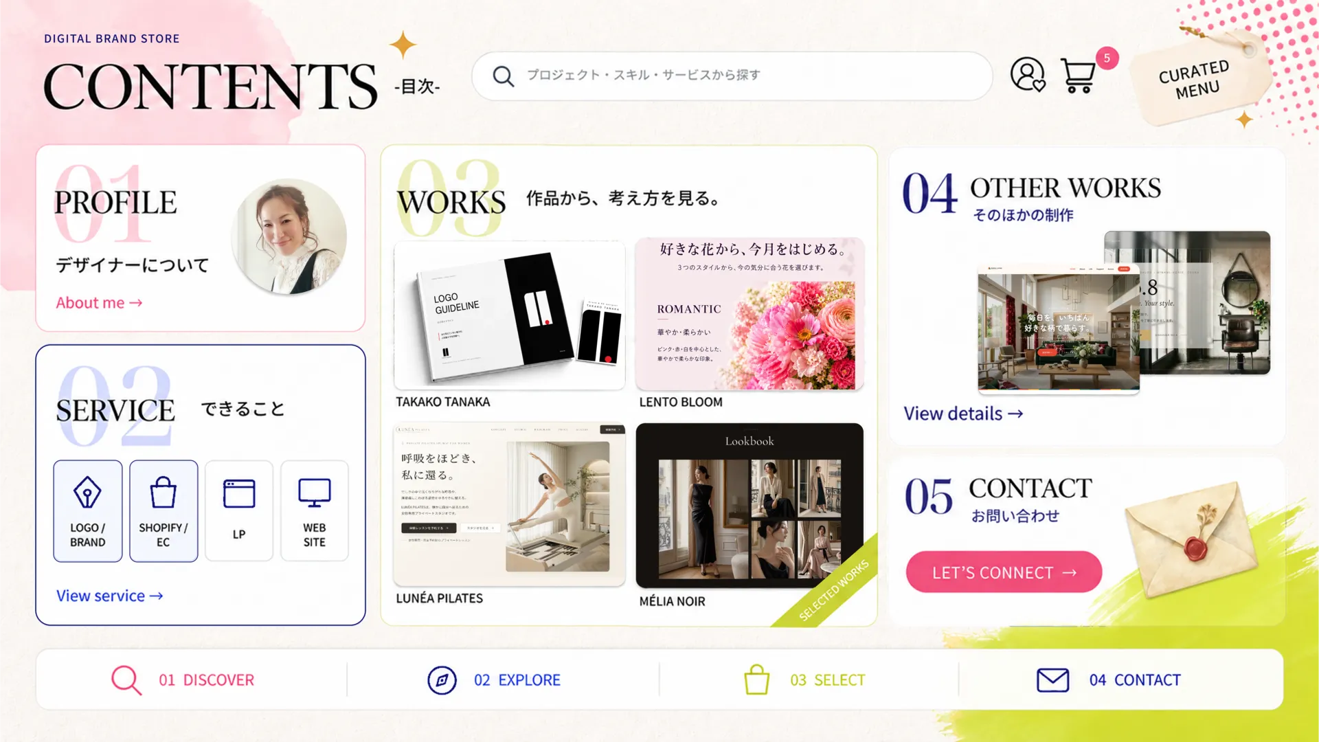 DIGITAL BRAND STOREの目次ビジュアル。PROFILE、SERVICE、WORKS、OTHER WORKS、CONTACT。検索欄・アカウント・カートは画像内の装飾です。