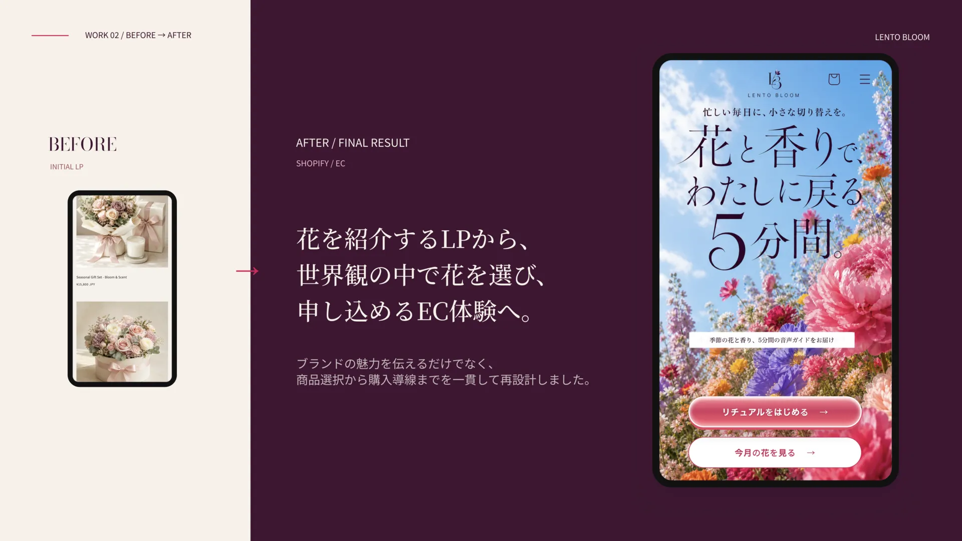 BeforeとAfter。初期LPと最終EC画面を並べ、花を紹介するLPから商品選択・購入導線までの再設計を紹介。