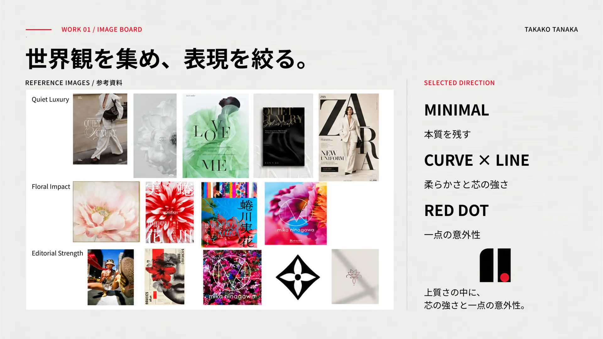 参考ボード。参考画像と、MINIMAL・CURVE × LINE・RED DOTの方向性を提示。
