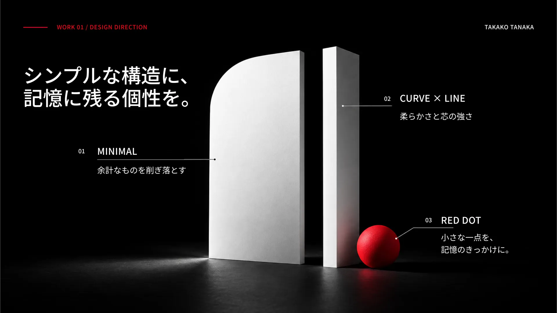 デザイン方向性。曲線・直線・赤い点の立体ビジュアルに、表現の意図を添えたページ。