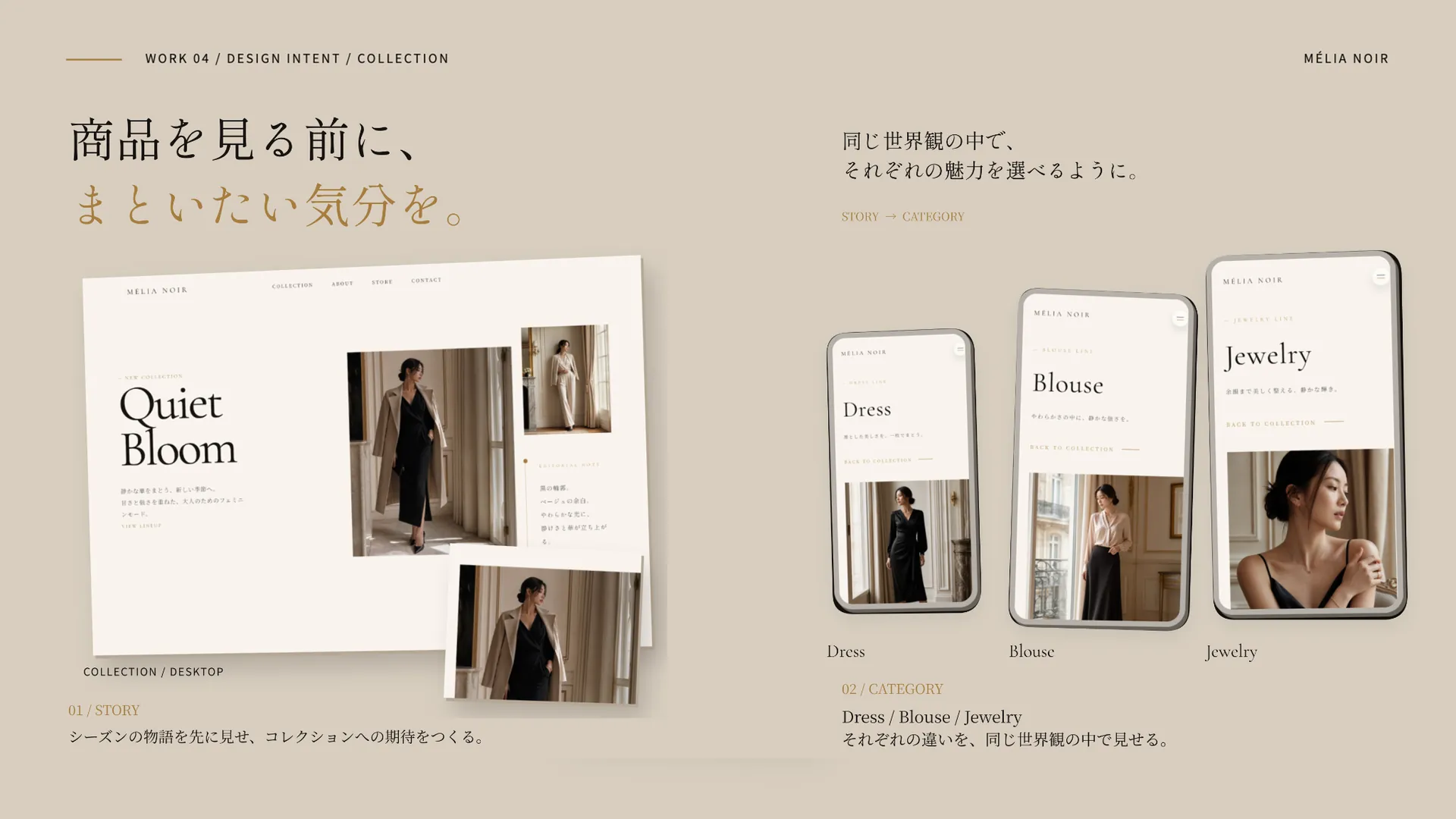 コレクションの設計意図。シーズンの物語からDress・Blouse・Jewelryのカテゴリへ。同じ世界観の中で、それぞれの魅力を選べる導線を紹介。
