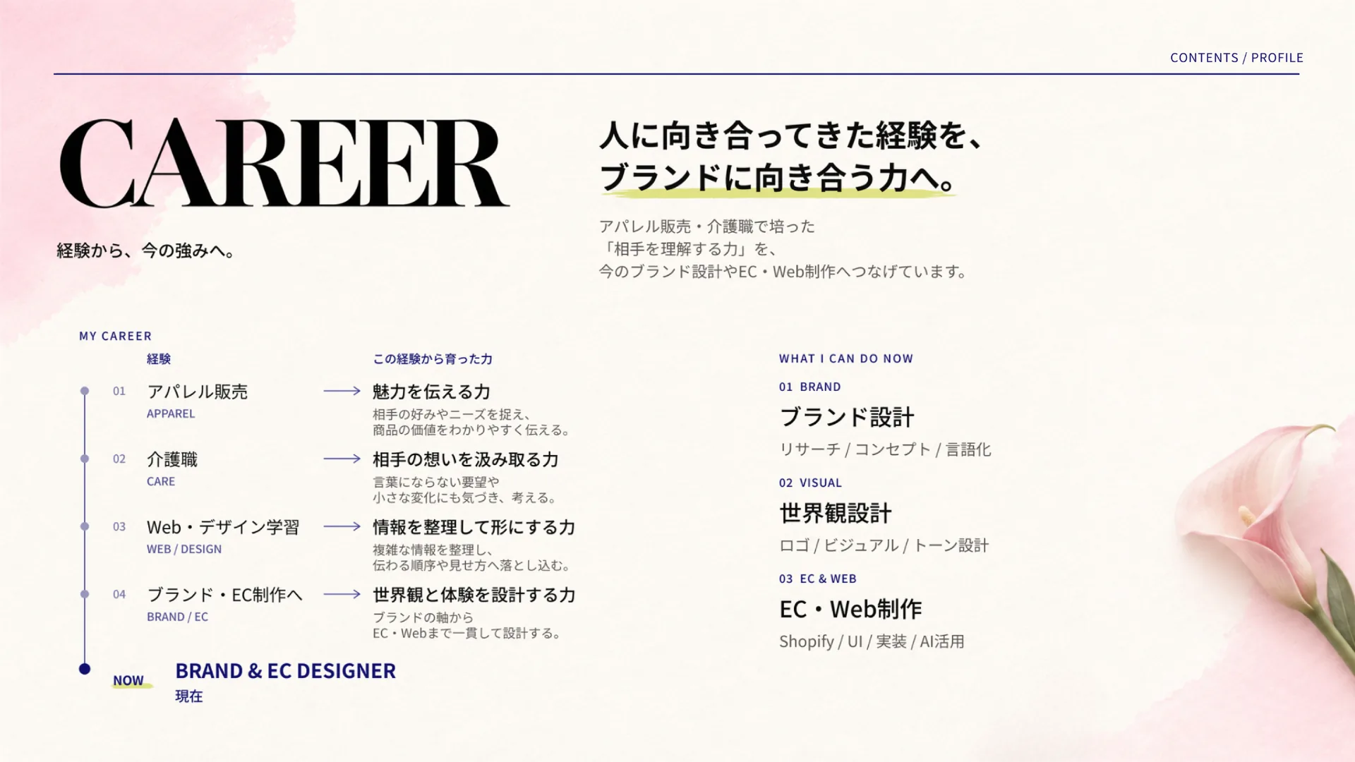 CAREER。これまでの経歴と、経験から得たスキルをまとめたページ。