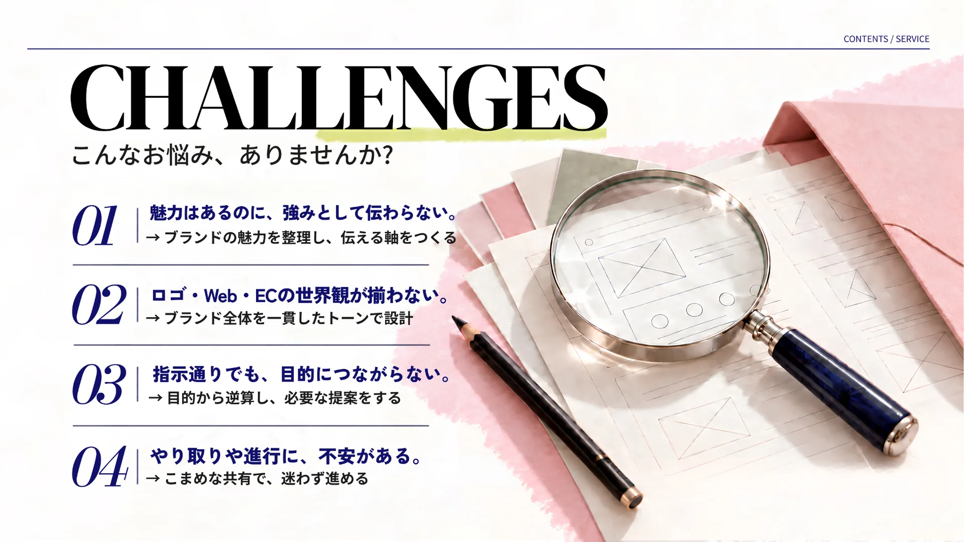 CHALLENGES。ブランドづくりに関する4つの課題をまとめたページ。