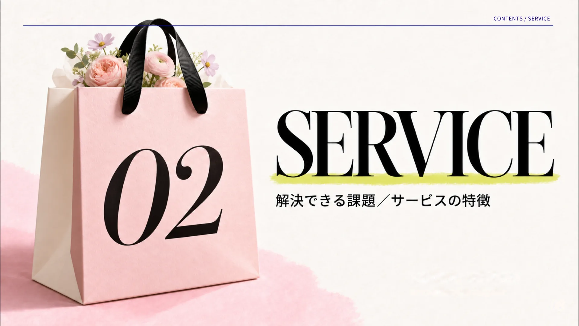SERVICE。ショッピングバッグを配したサービス章の表紙。