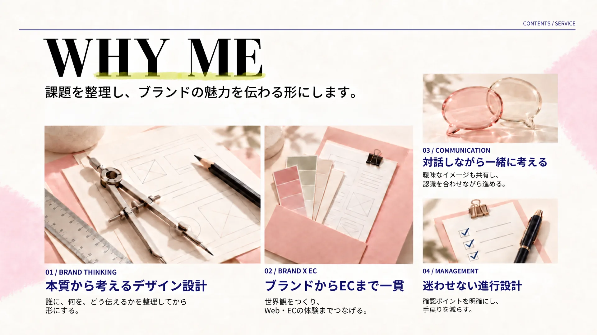 WHY ME。4つのビジュアルとともに、提供できる価値を紹介するページ。